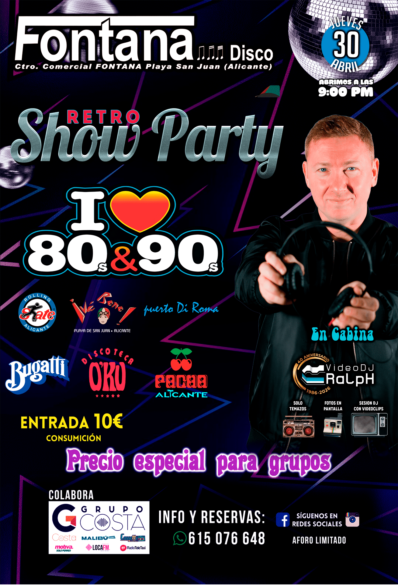 Cartel promocional de la Retro Show Party en Fontana Disco con temática de los 80s y 90s.