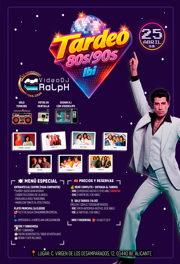 Cartel del evento Tardeo 80s/90s Ibi con VideoDJ Ralph.