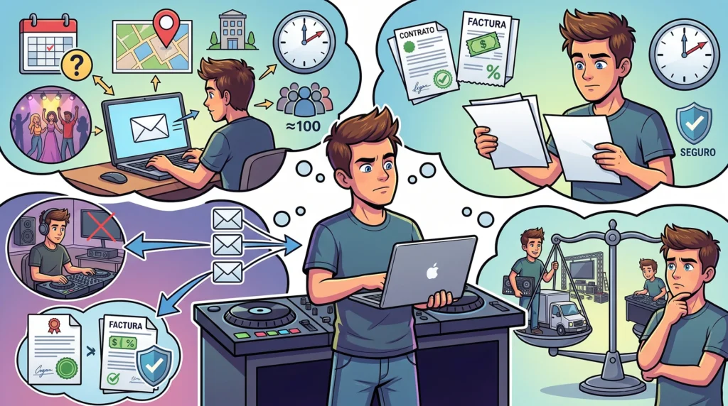 Ilustración de DJ planeando un evento con detalles logísticos y financieros