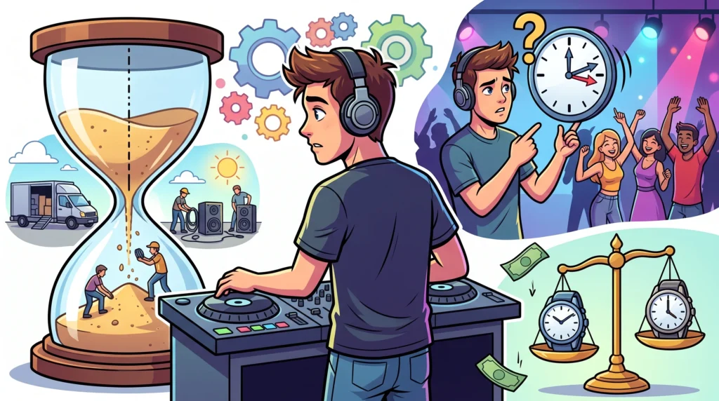 Ilustración de un DJ con reloj de arena simbolizando gestión del tiempo