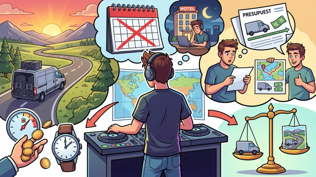 DJ planificando gira, transporte, presupuesto y horarios